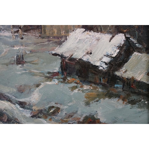 490 - Russian School, oil on board, a snow clad river and country landscape with dwellings, having Russian... 