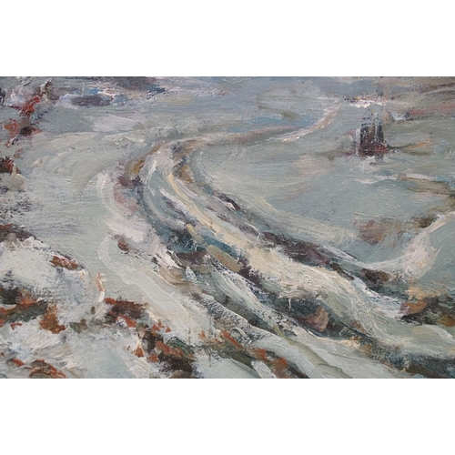 490 - Russian School, oil on board, a snow clad river and country landscape with dwellings, having Russian... 