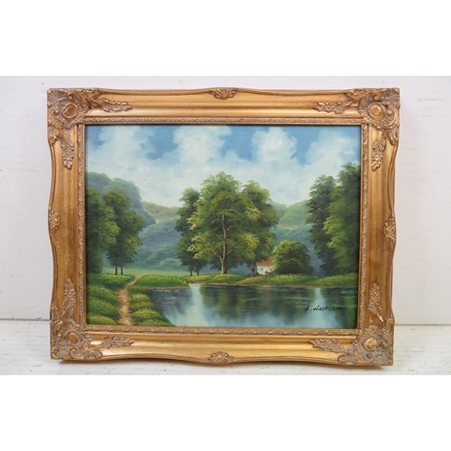 492 - Les Parson - Group of five oil on canvas paintings to include landscape and cottage scenes all set w... 