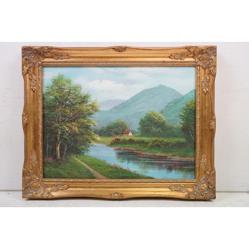 492 - Les Parson - Group of five oil on canvas paintings to include landscape and cottage scenes all set w... 