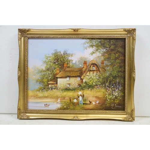 492 - Les Parson - Group of five oil on canvas paintings to include landscape and cottage scenes all set w... 