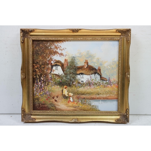 492 - Les Parson - Group of five oil on canvas paintings to include landscape and cottage scenes all set w... 