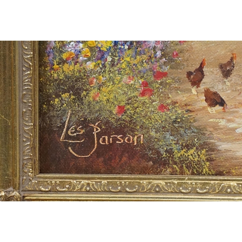 492 - Les Parson - Group of five oil on canvas paintings to include landscape and cottage scenes all set w... 