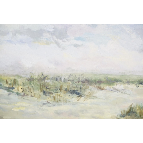 493 - 20th century, oil on canvas, an extensive moorland landscape, signed with monogrammed S.M., 59 x 84.... 