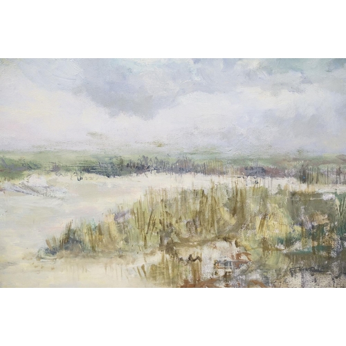 493 - 20th century, oil on canvas, an extensive moorland landscape, signed with monogrammed S.M., 59 x 84.... 