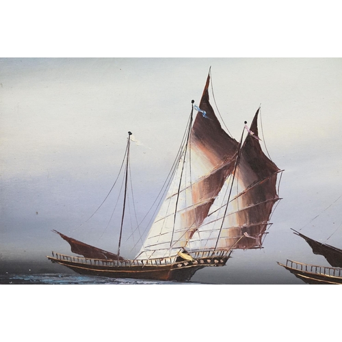 494 - Nautical School, two sailing ships at sea, oil on canvas, 53.5 x 78.5cm