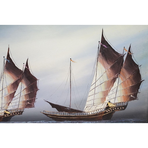 494 - Nautical School, two sailing ships at sea, oil on canvas, 53.5 x 78.5cm