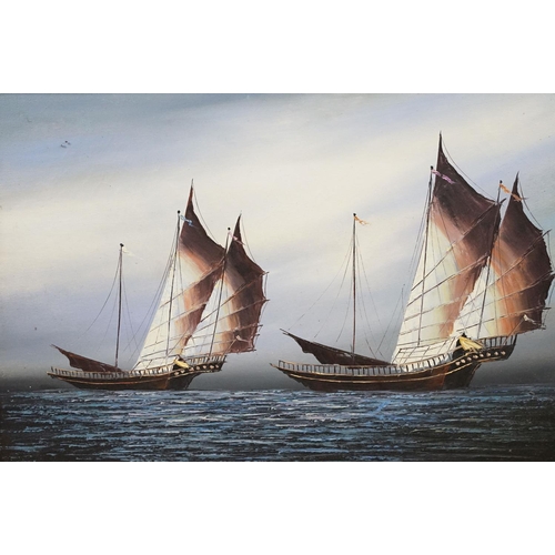 494 - Nautical School, two sailing ships at sea, oil on canvas, 53.5 x 78.5cm