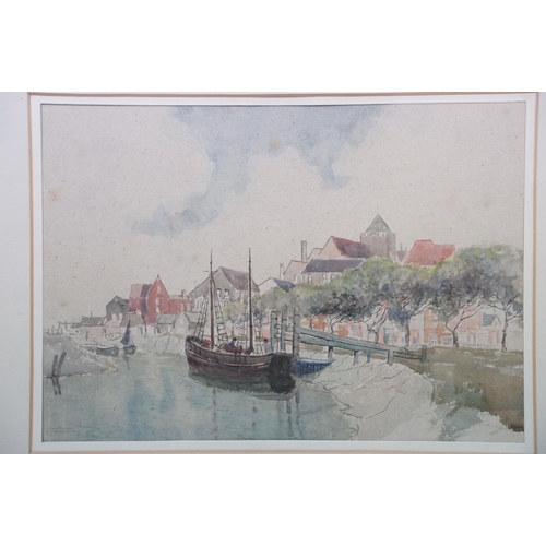 497 - Early 20th Century watercolour, a coastal town view with moored fishing boats, 36.5 x 51.5cm, framed... 