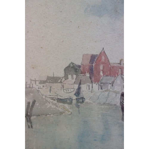 497 - Early 20th Century watercolour, a coastal town view with moored fishing boats, 36.5 x 51.5cm, framed... 