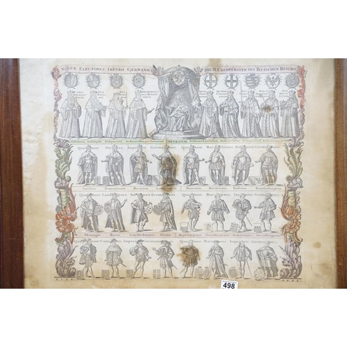 498 - Hand-coloured engraving of a German Emperor, inscribed in Latin on parchment layered on card, 55.5 x... 