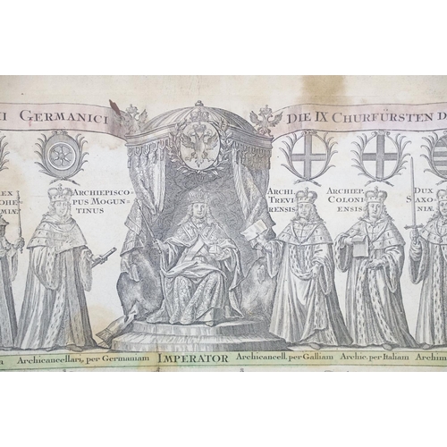 498 - Hand-coloured engraving of a German Emperor, inscribed in Latin on parchment layered on card, 55.5 x... 