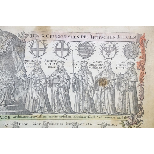 498 - Hand-coloured engraving of a German Emperor, inscribed in Latin on parchment layered on card, 55.5 x... 