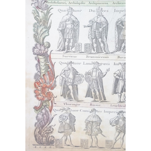 498 - Hand-coloured engraving of a German Emperor, inscribed in Latin on parchment layered on card, 55.5 x... 