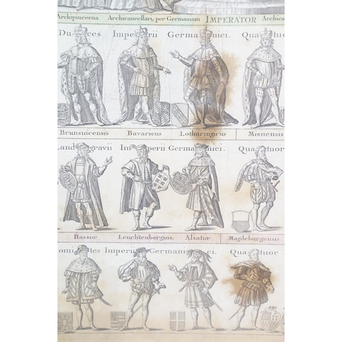 498 - Hand-coloured engraving of a German Emperor, inscribed in Latin on parchment layered on card, 55.5 x... 