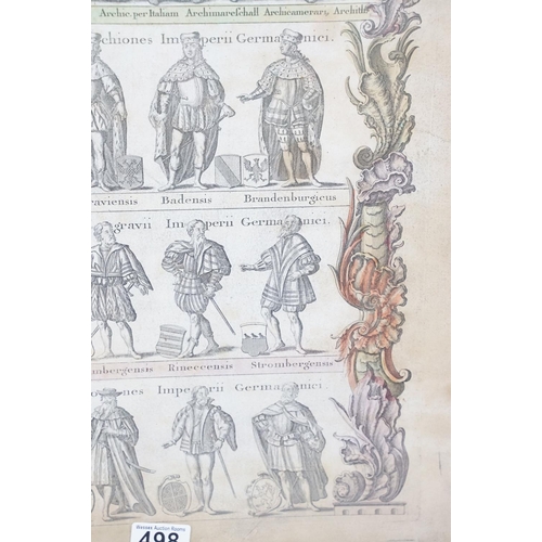 498 - Hand-coloured engraving of a German Emperor, inscribed in Latin on parchment layered on card, 55.5 x... 