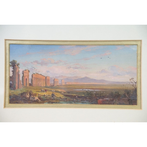 500 - 18th / 19th century, a gilt framed Classical oil painting landscape with ancient ruins, figures and ... 