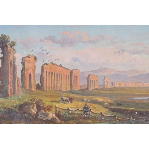 500 - 18th / 19th century, a gilt framed Classical oil painting landscape with ancient ruins, figures and ... 