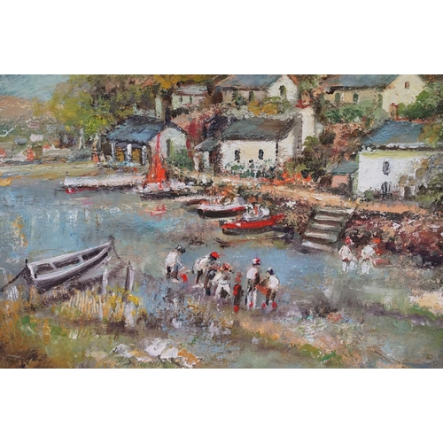 502 - Ira Englefield (b.1912), oil on canvas a peaceful fishing village scene with boats and family gather... 