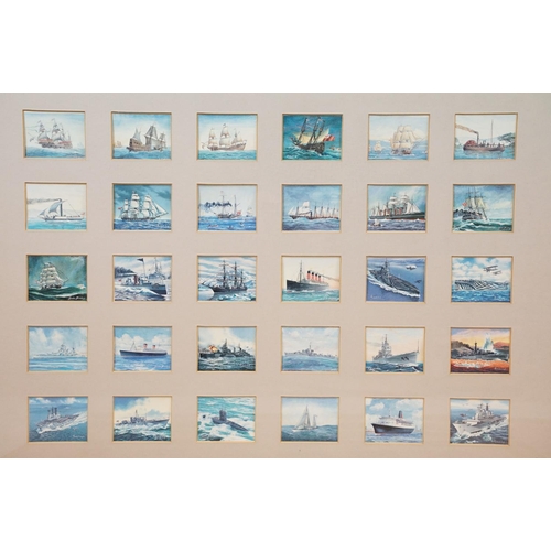 503 - Four framed sets of collectors cards: comprising, rail travel, ships, aviation and motor racing, eac... 