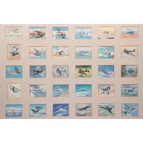 503 - Four framed sets of collectors cards: comprising, rail travel, ships, aviation and motor racing, eac... 