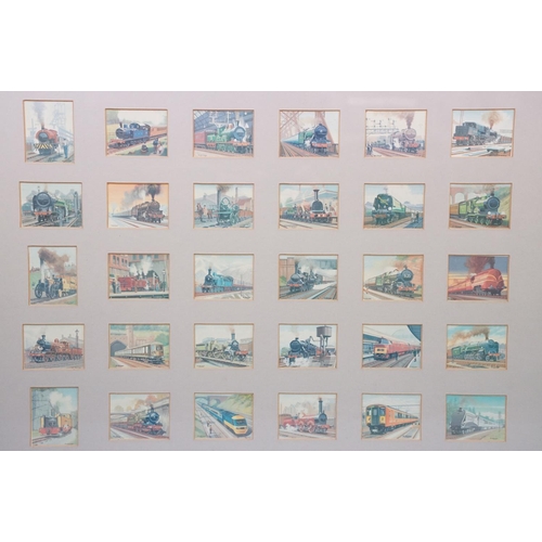 503 - Four framed sets of collectors cards: comprising, rail travel, ships, aviation and motor racing, eac... 