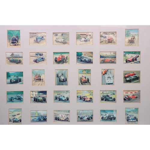 503 - Four framed sets of collectors cards: comprising, rail travel, ships, aviation and motor racing, eac... 