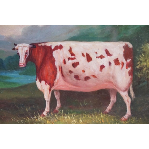 505 - A framed oil painting bovine study of a Craven Heifer cow in a country landscape, 19.5 x 24.5cm, fra... 