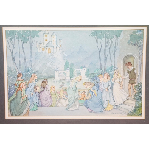 509 - Patience Arnold (1901 - 1991), a watercolour of a fantasy scene with princess ladies and castle, sig... 