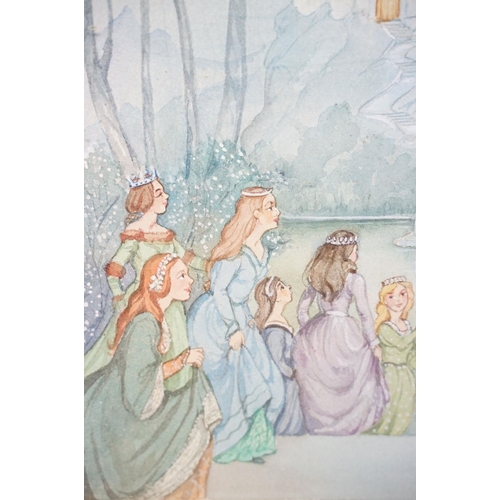 509 - Patience Arnold (1901 - 1991), a watercolour of a fantasy scene with princess ladies and castle, sig... 