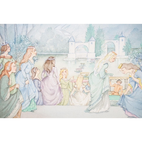 509 - Patience Arnold (1901 - 1991), a watercolour of a fantasy scene with princess ladies and castle, sig... 