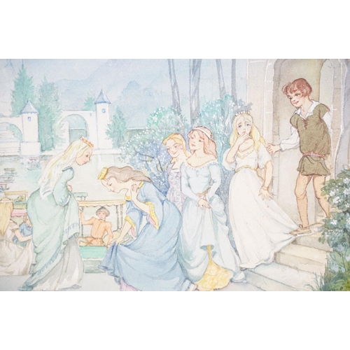 509 - Patience Arnold (1901 - 1991), a watercolour of a fantasy scene with princess ladies and castle, sig... 