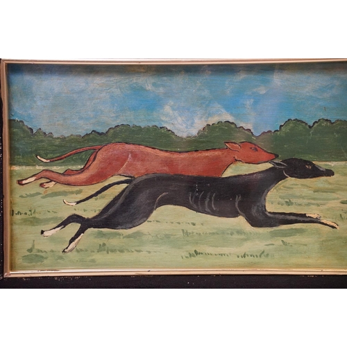 510 - Oil painting of a greyhound in pursuit of a hare, 18.5 x 43.5cm, framed and glazed