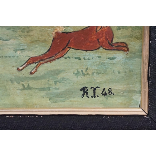 510 - Oil painting of a greyhound in pursuit of a hare, 18.5 x 43.5cm, framed and glazed