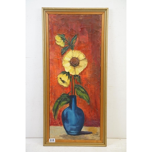 518 - L Santos (20th century), pallet oil still life study, daisies in a blue vase, signed, 80 x 32.5cm, f... 