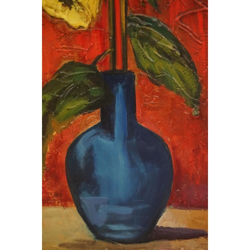 518 - L Santos (20th century), pallet oil still life study, daisies in a blue vase, signed, 80 x 32.5cm, f... 