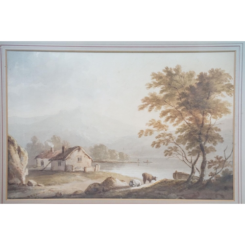 520 - Early 19th century watercolour, an extensive rural landscape of lakeside dwellings, men in boats and... 