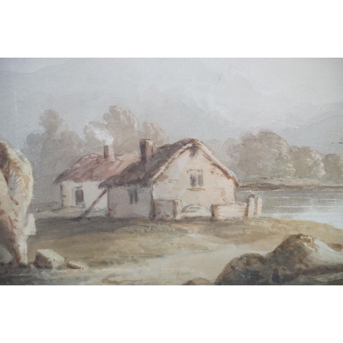 520 - Early 19th century watercolour, an extensive rural landscape of lakeside dwellings, men in boats and... 