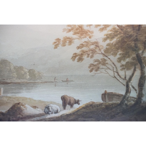 520 - Early 19th century watercolour, an extensive rural landscape of lakeside dwellings, men in boats and... 