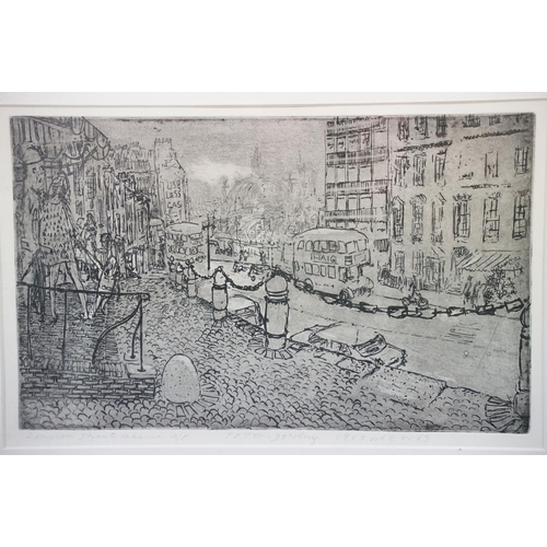 523 - Tom Dowling, London street scene, etching, inscribed below with title London Street Scene A/P and fu... 