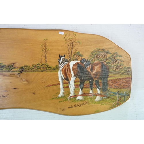 524 - Pine panel with painted scene of man and horses ploughing, titled ' A Bit of Hard Graft ', signed Ba... 