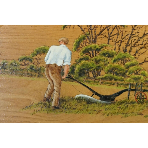 524 - Pine panel with painted scene of man and horses ploughing, titled ' A Bit of Hard Graft ', signed Ba... 