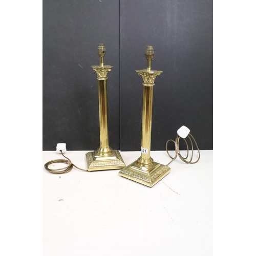 151 - Pair of brass neo classical lamp bases having reeded columns with square bases and Corinthian capita... 