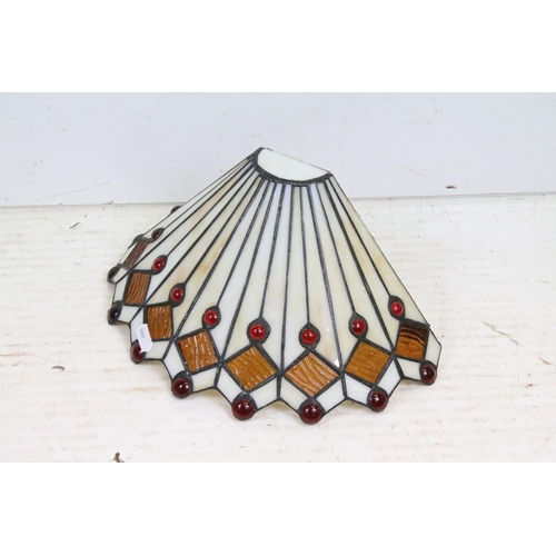 155 - Tiffany style leaded glass ceiling shade with brass mounts, together with a similar wall mounting le... 