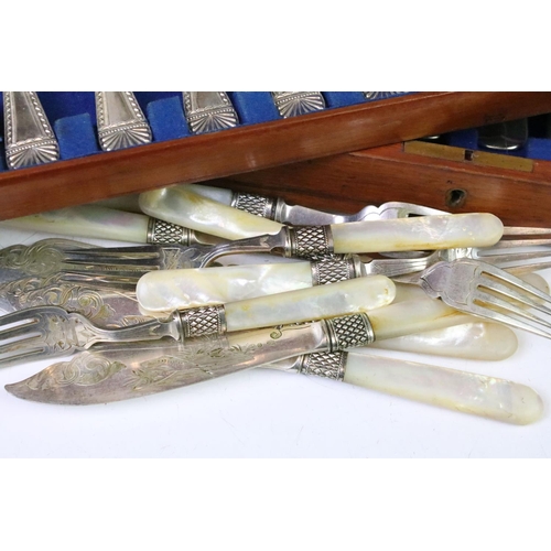 308 - A canteen of silver plated cutlery together with fish knives and forks with mother of pearl handles.