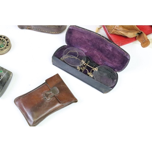 317 - A group of mixed collectables to include tin plate toy car, purses, compasses, snuff bottle ....etc.