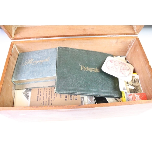 405 - Vintage photographs, postcards, 2 scrap books etc contained within a wooden box