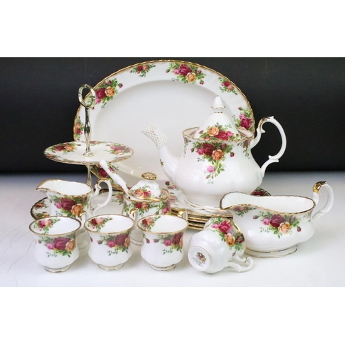 106 - Royal Albert Old Country Roses ceramics to include tea pot, cake stand, creamer jug, tea cups, coffe... 