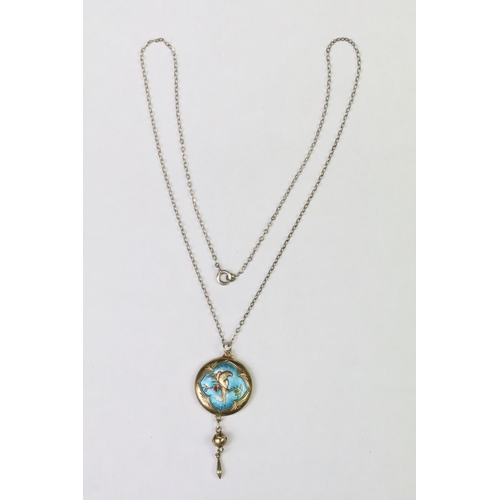 247 - A vintage silver and enamel pendant with bird and floral decoration on silver necklace, marked sterl... 