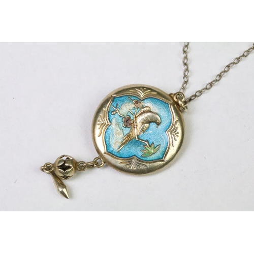 247 - A vintage silver and enamel pendant with bird and floral decoration on silver necklace, marked sterl... 